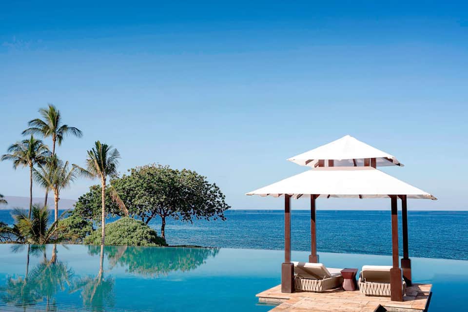 Beachfront infinity pool with ocean view, palm trees, and covered lounge pavilion