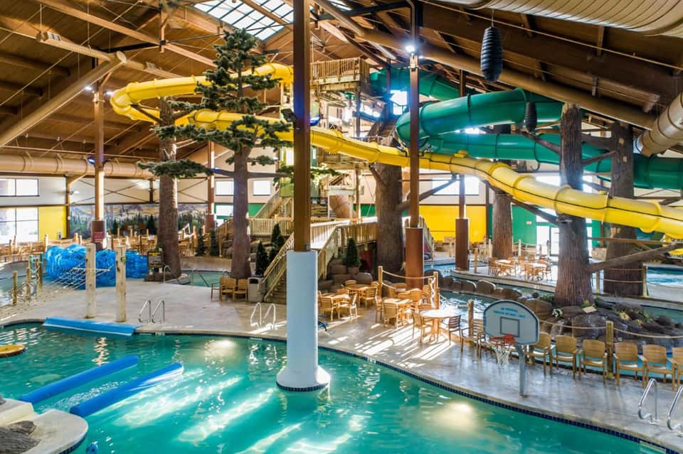 Indoor water park with multiple water slides, pools, and decorative tree columns