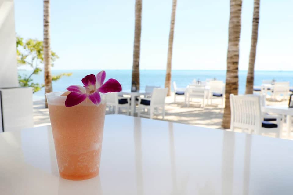 Cocktail with flower garnish on white table overlooking beach, palm trees, and ocean horizon