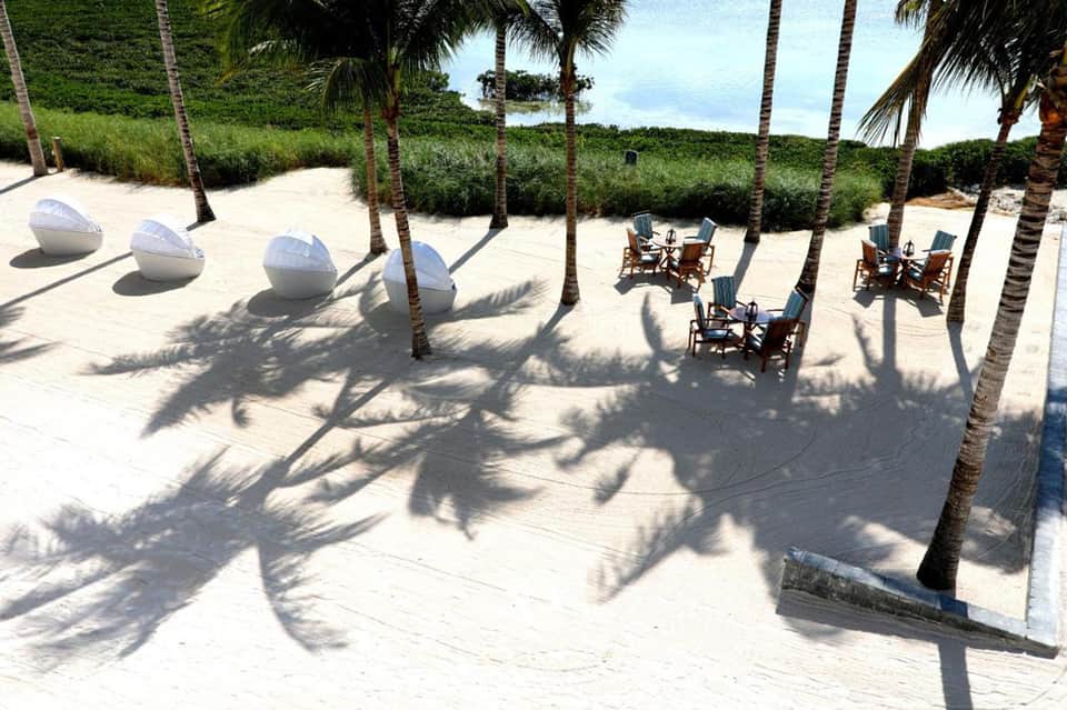 Beach area with white pod-shaped structures and palm trees with dining furniture