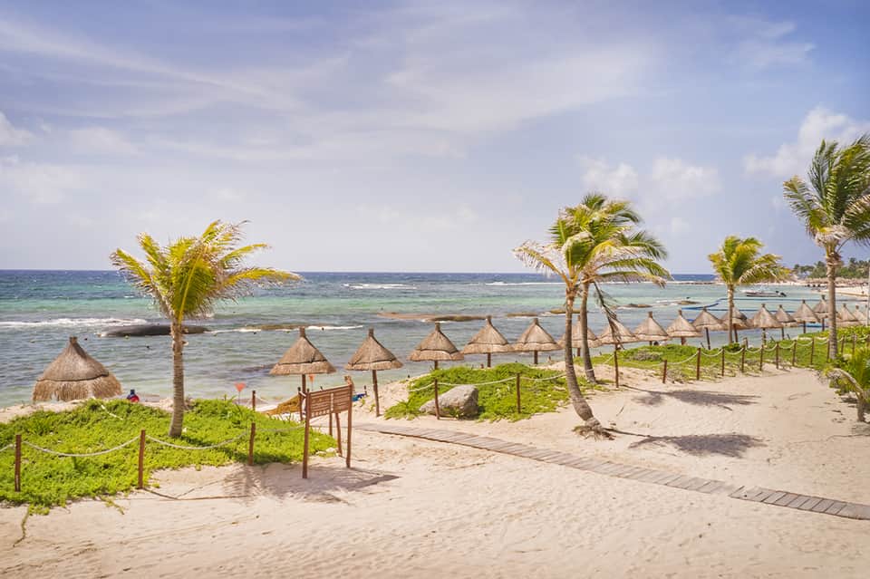 Beach resort with thatched umbrellas, palm trees, and calm turquoise waters