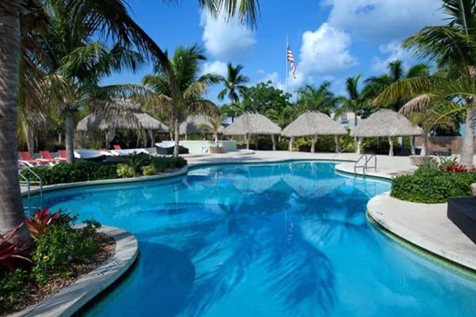 Tropical resort pool with thatched umbrellas, palm trees, American flag, and curved landscaping near ocean view