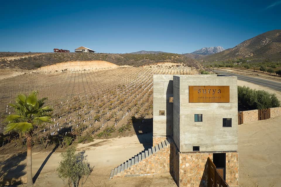 Surya winery building overlooking vineyard rows and mountainous landscape