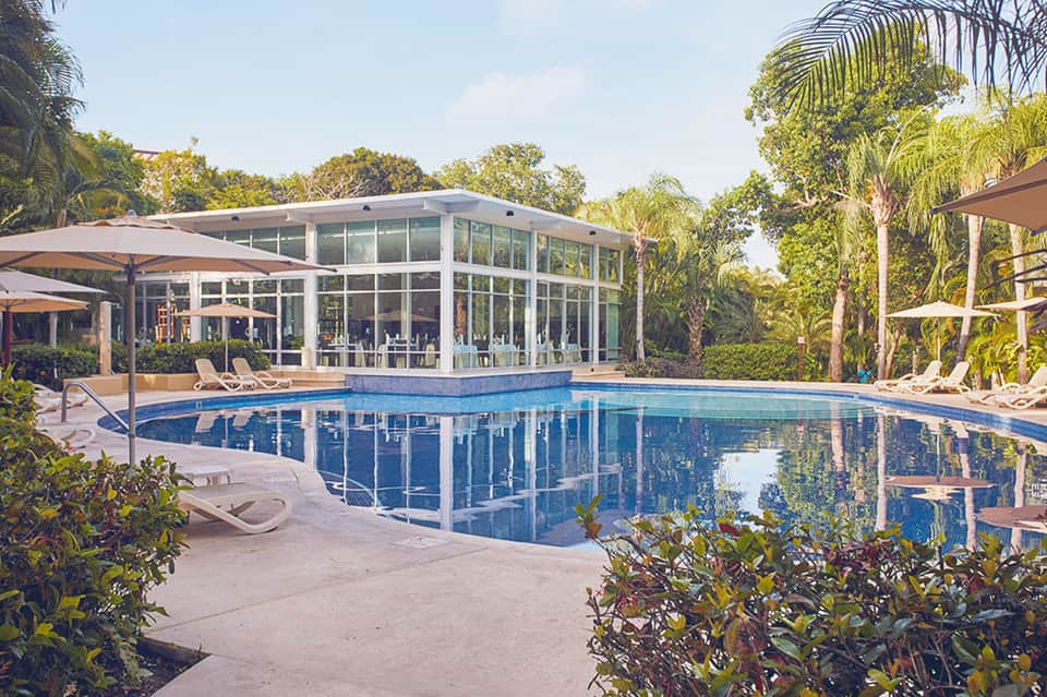 Modern glass pool house with deck seating and tall palms surrounding resort pool