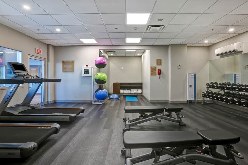 Contemporary gym interior with treadmills, exercise balls, and mirrored walls