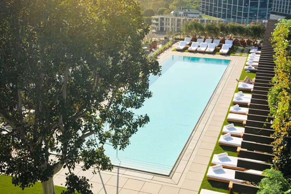 Rooftop pool with white lounge chairs, green lawn, ivy walls, and city skyline backdrop