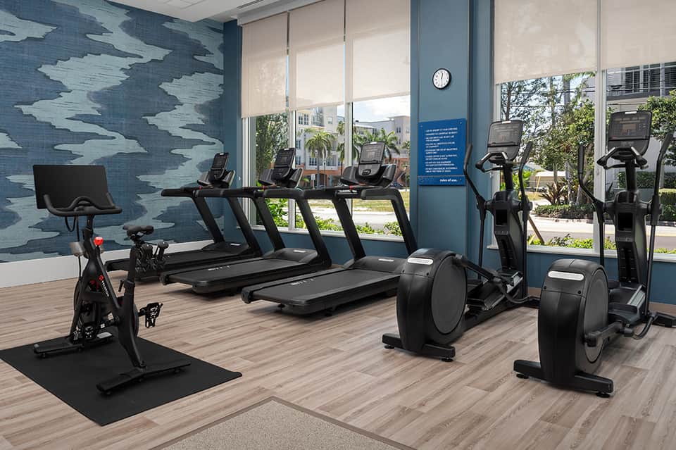 Modern fitness center with stationary bikes, treadmills, and blue cloud-pattern wall art