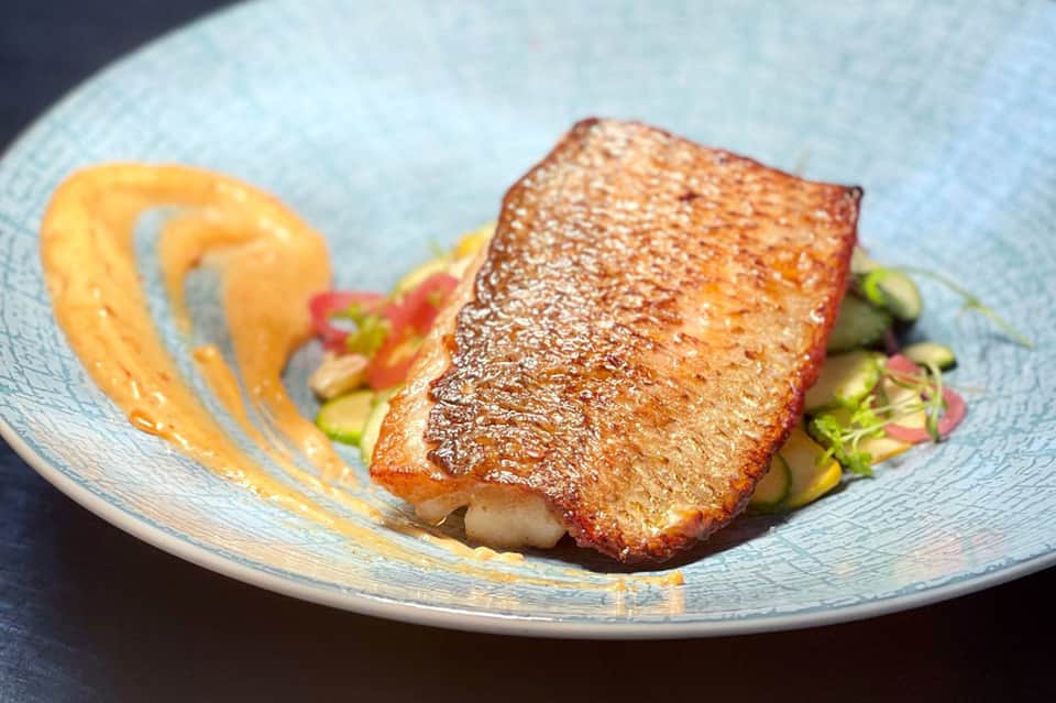 Gourmet plated fish dish with sauce and vegetables on blue-rimmed plate