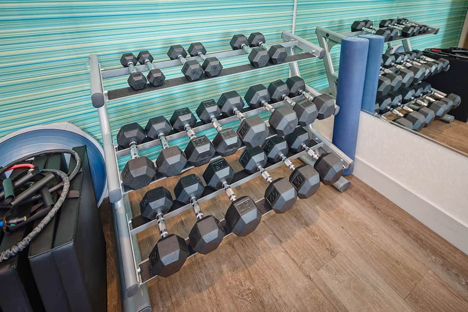 Fitness center with rows of gray dumbbells and striped turquoise accent wall