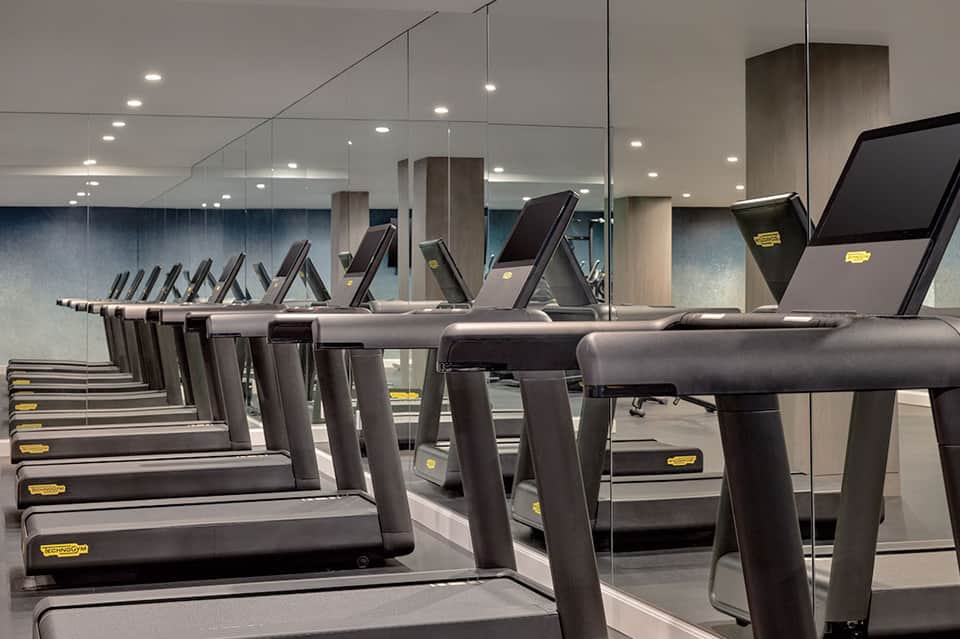 Modern gym interior with rows of treadmills, mirror walls, and contemporary lighting design