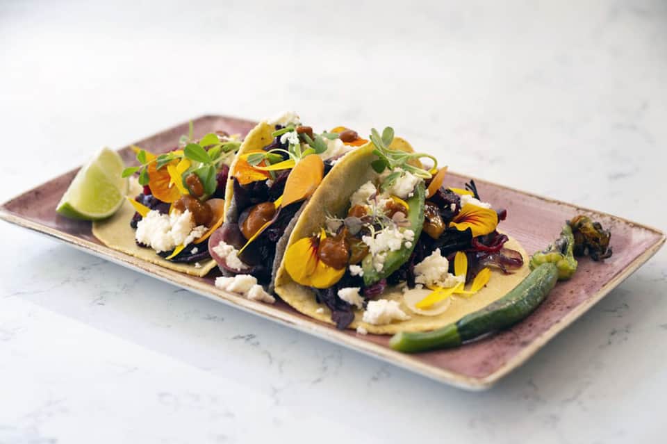 Colorful plate of gourmet tacos with fresh vegetables, cheese, and lime garnish