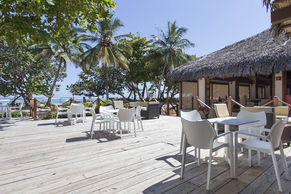 Beachfront terrace with white modern chairs, palm trees, and thatched-roof structures