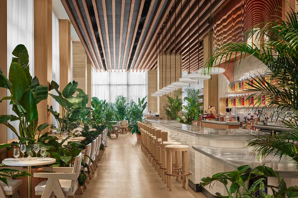 Elegant hotel restaurant with light wood design, lush tropical plants, and modern counter seating