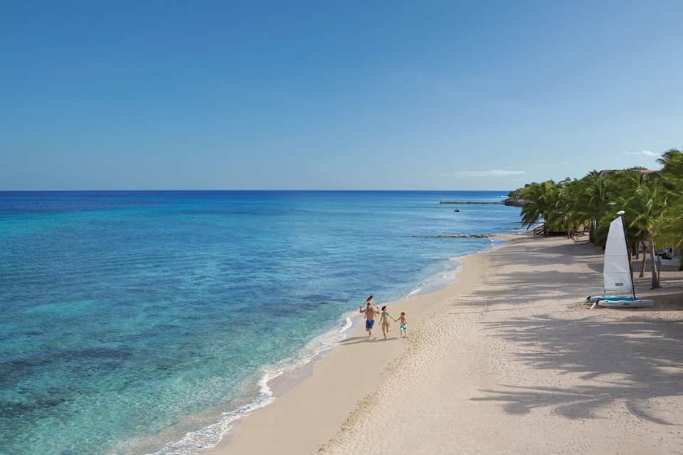 Family wading in turquoise ocean water on sandy beach with palm trees