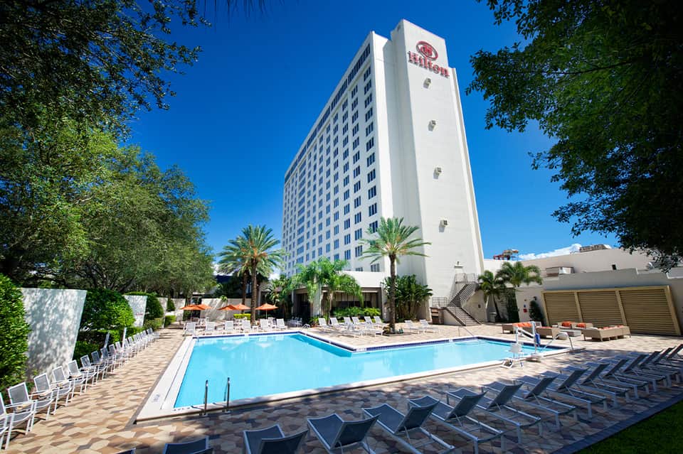 Resort pool surrounded by loungers and palm trees with tall white hotel building