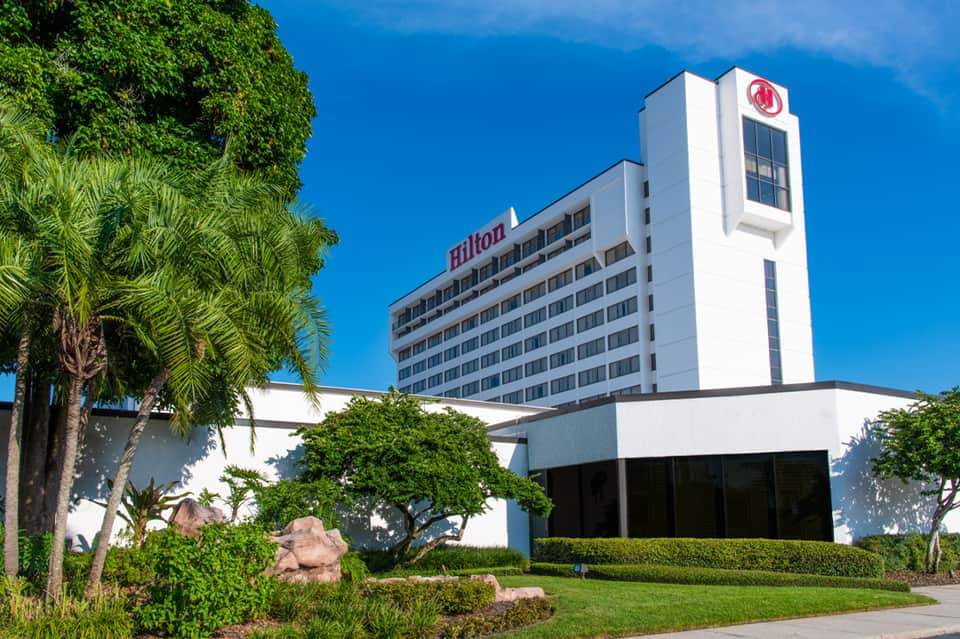 Hilton hotel exterior with white facade, palm trees, tropical landscaping, and blue sky