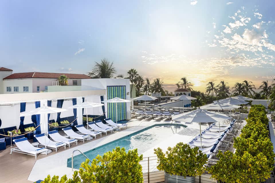 Modern beachfront resort pool with white loungers and palm trees at sunset.