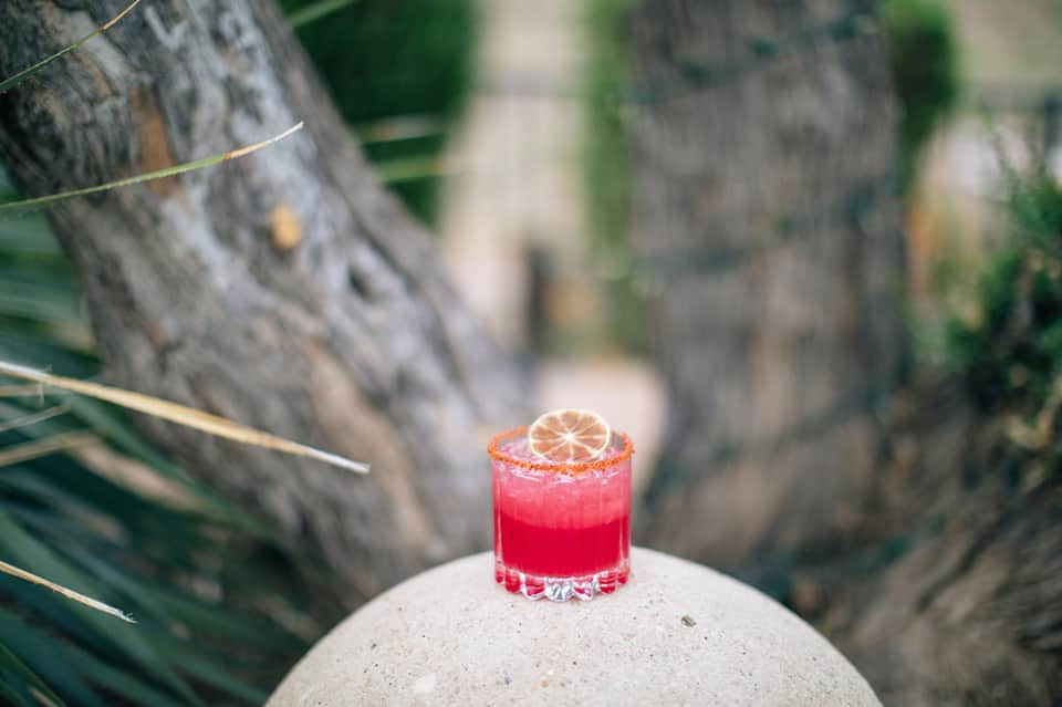Vibrant red cocktail with lemon slice garnish on sandy beach with palm tree trunks