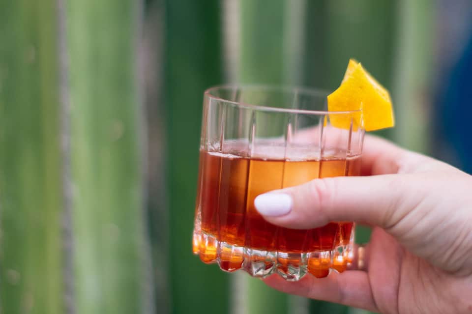 Refreshing cocktail with ice and citrus garnish held outdoors with blurred green background