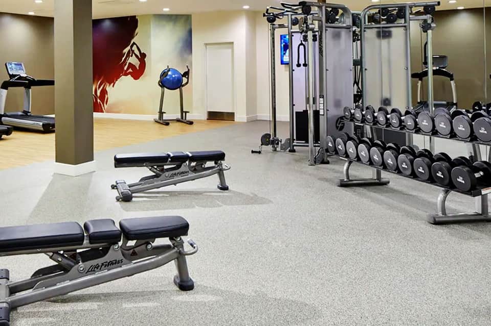 Modern fitness center with dumbbells, weight machines, benches, and treadmill equipment