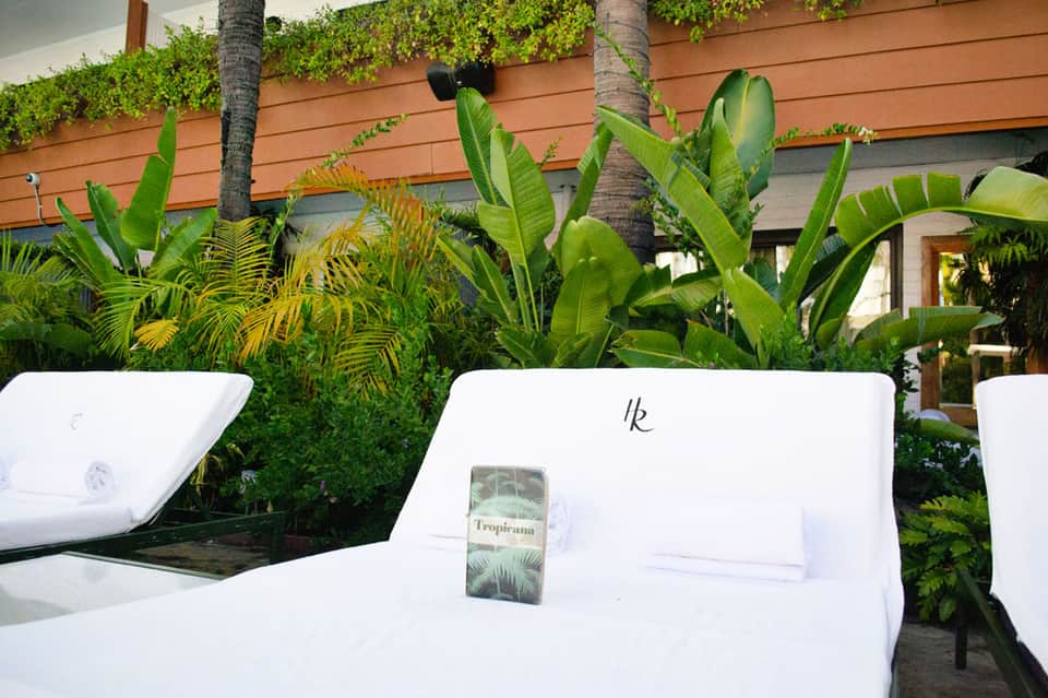 Spa treatment beds with white linens arranged outdoors surrounded by tropical plants and palm trees