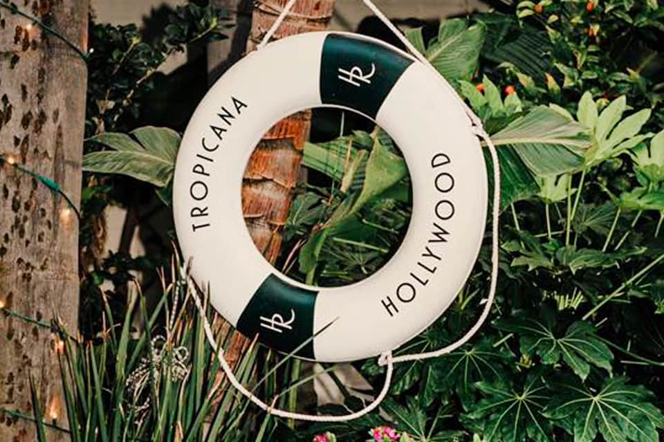 Tropical Hollwood life buoy sign hanging in lush garden setting