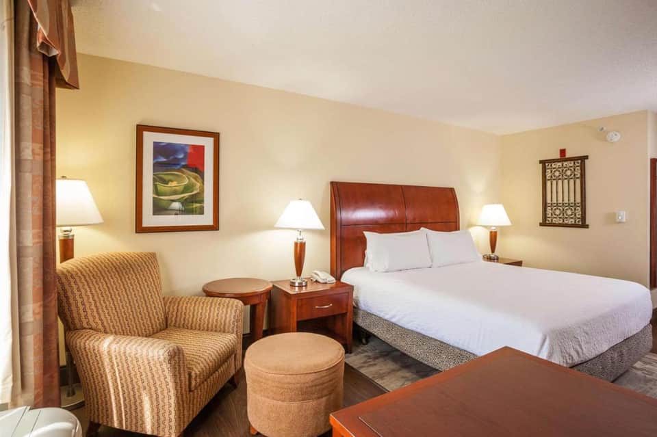 Warm-toned hotel room with queen bed, leather headboard, and seating area