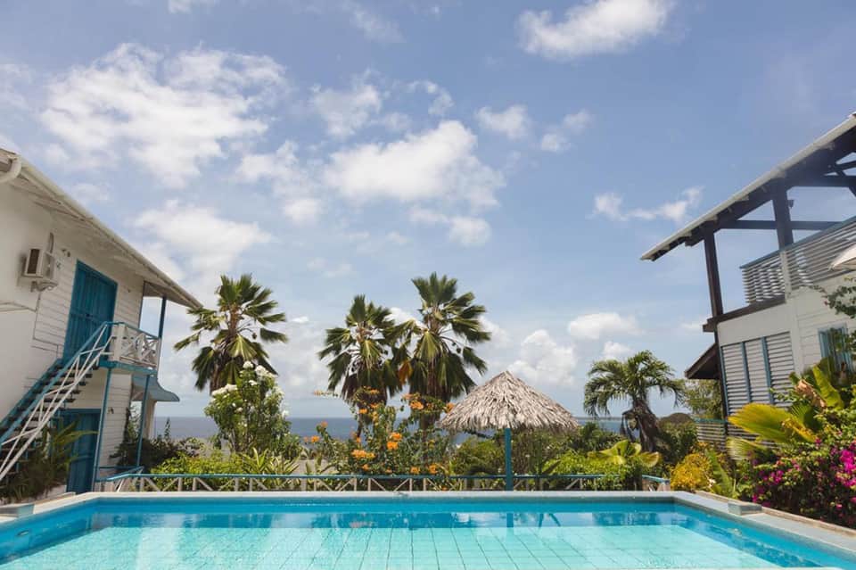 Tropical resort pool with palm trees, ocean view, and bungalows overlooking water