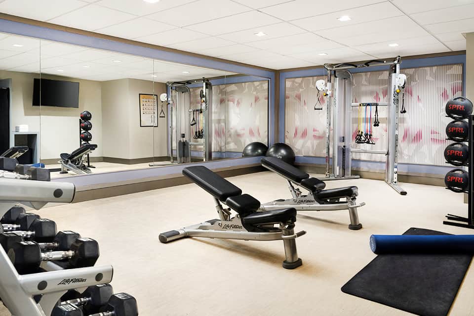 Modern fitness center with exercise equipment, mirrored walls, dumbbells, and workout machines