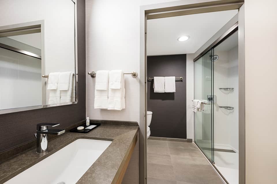Modern bathroom with double vanity, walk-in shower, and neutral earth-tone finishes