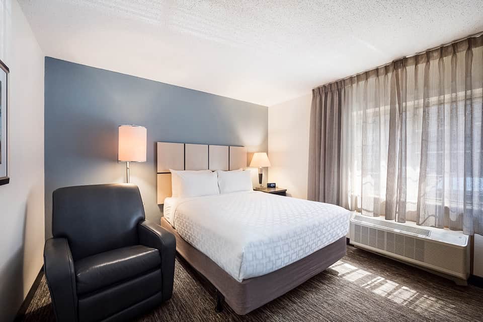 Contemporary hotel bedroom with queen bed, blue accent wall, dark leather chair, and floor-to-ceiling windows
