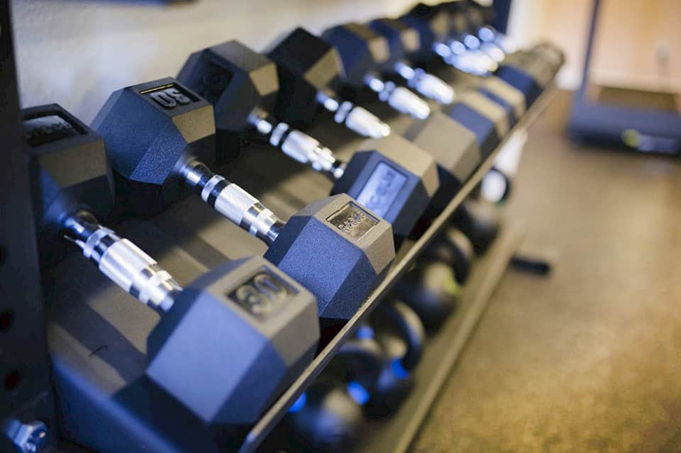 Close-up of dumbbell weights arranged in a row at a fitness facility