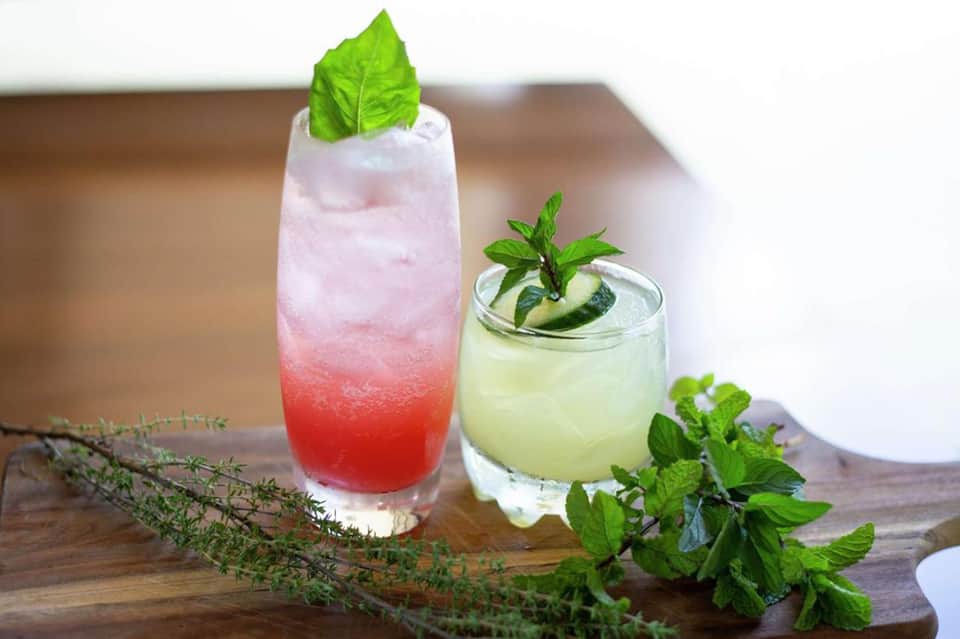 Colorful cocktails garnished with fresh mint and fruit on wooden surface with herbs