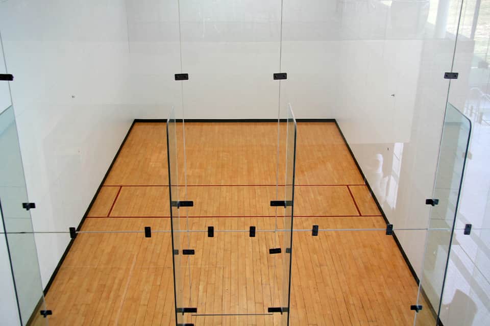 Professional squash court with glass walls, wooden flooring, and net dividers