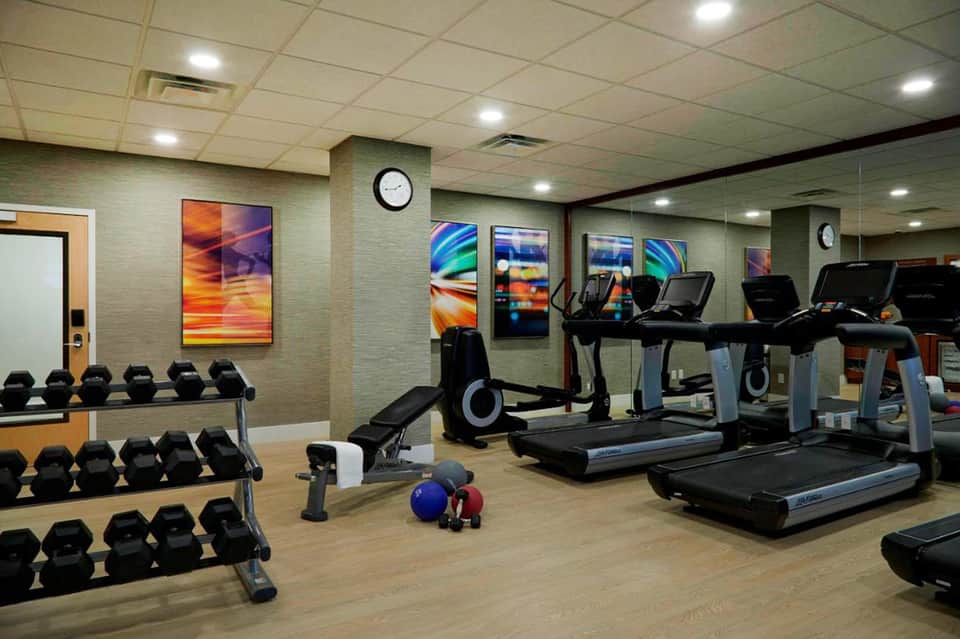 Modern fitness center with treadmills, dumbbells, and colorful wall art