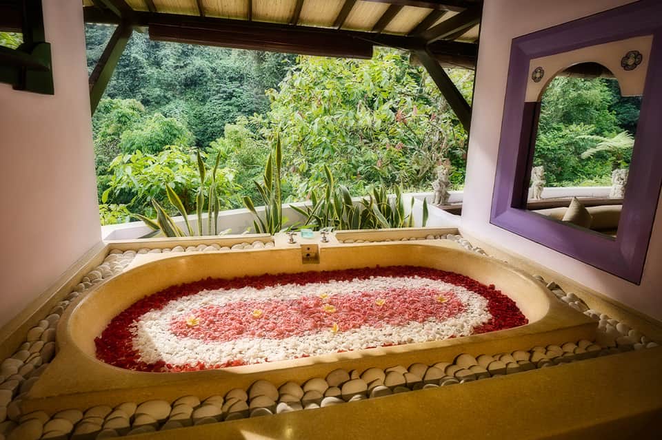 Decorative spa bath filled with red and white rose petals overlooking lush green forest landscape