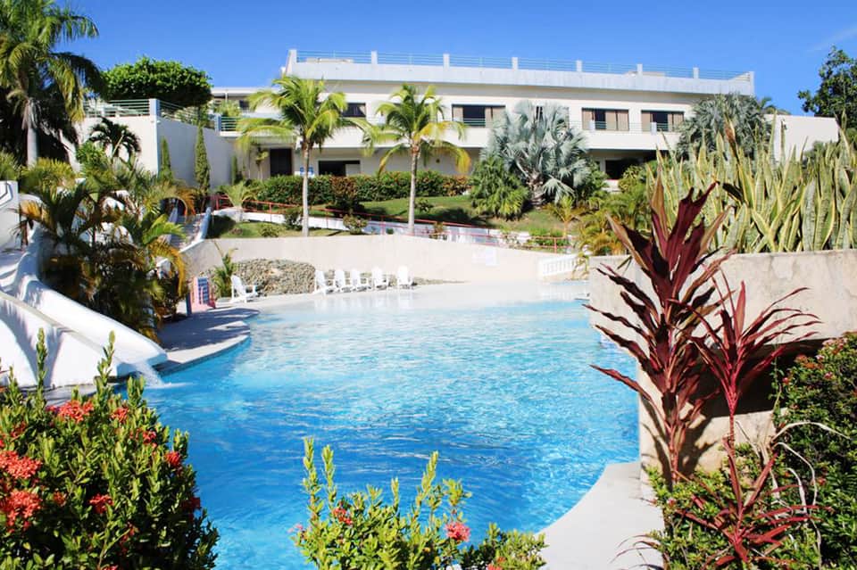 Tropical resort pool with palm trees, white modern building, and clear blue water