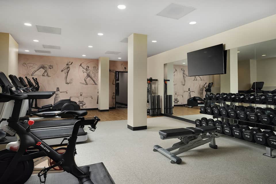 Fitness center with cardio equipment, free weights, dumbbells, mirrors, and athletic training murals on walls.