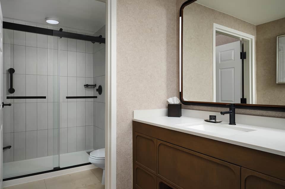 Modern bathroom with walk-in shower and dark wood vanity
