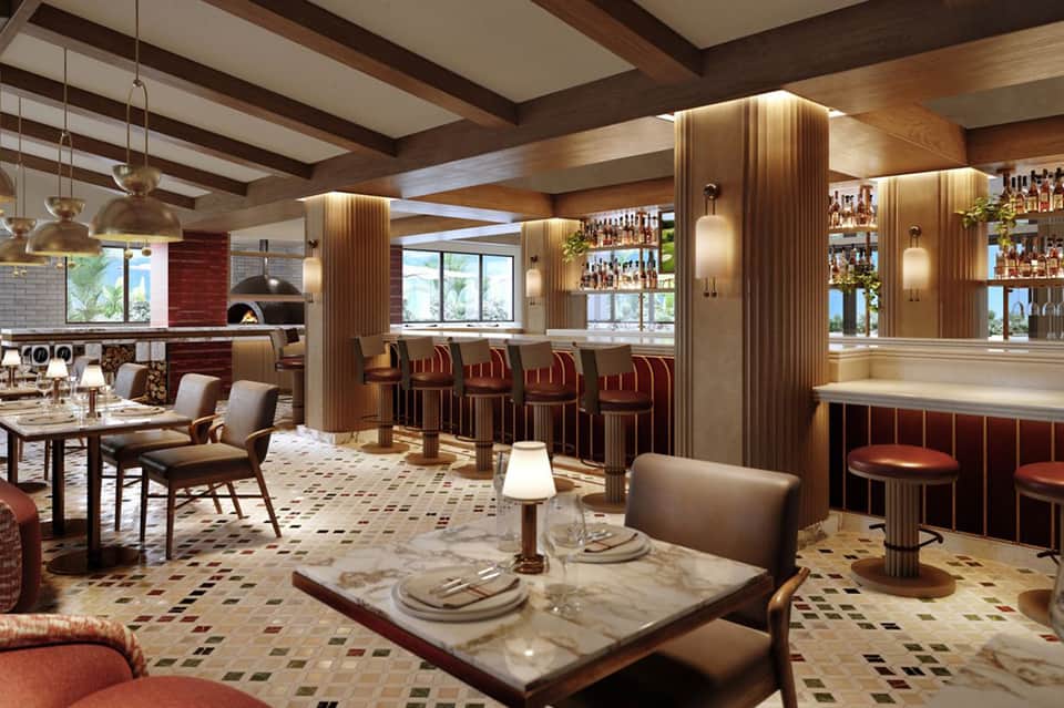 Upscale restaurant interior with wooden beams, bar seating, and marble dining tables