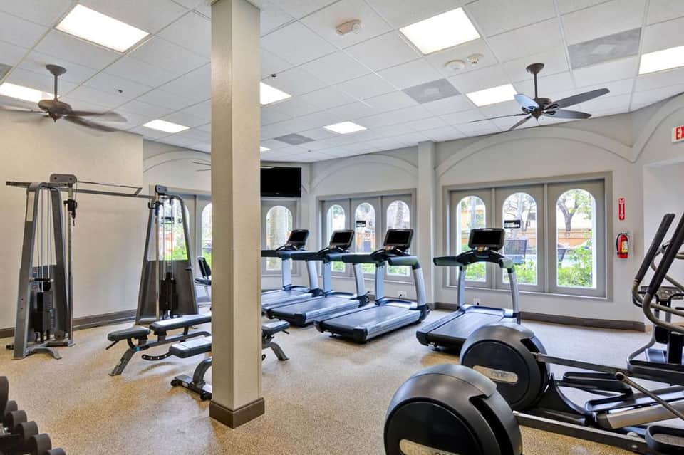 Modern fitness center with treadmills, exercise equipment, and arched windows