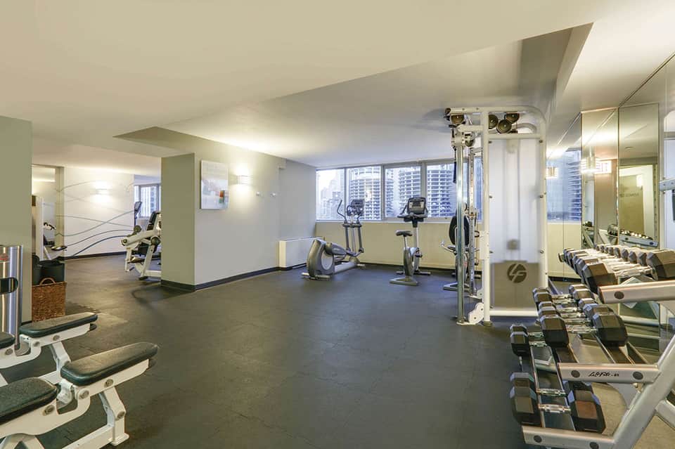 Modern hotel gym with cardio equipment, weights, and city views through large windows