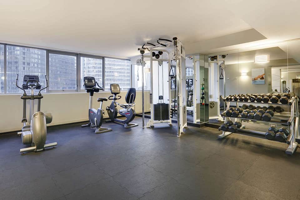 Modern gym with cardio machines, weights, mirrors, and city views from high-rise windows
