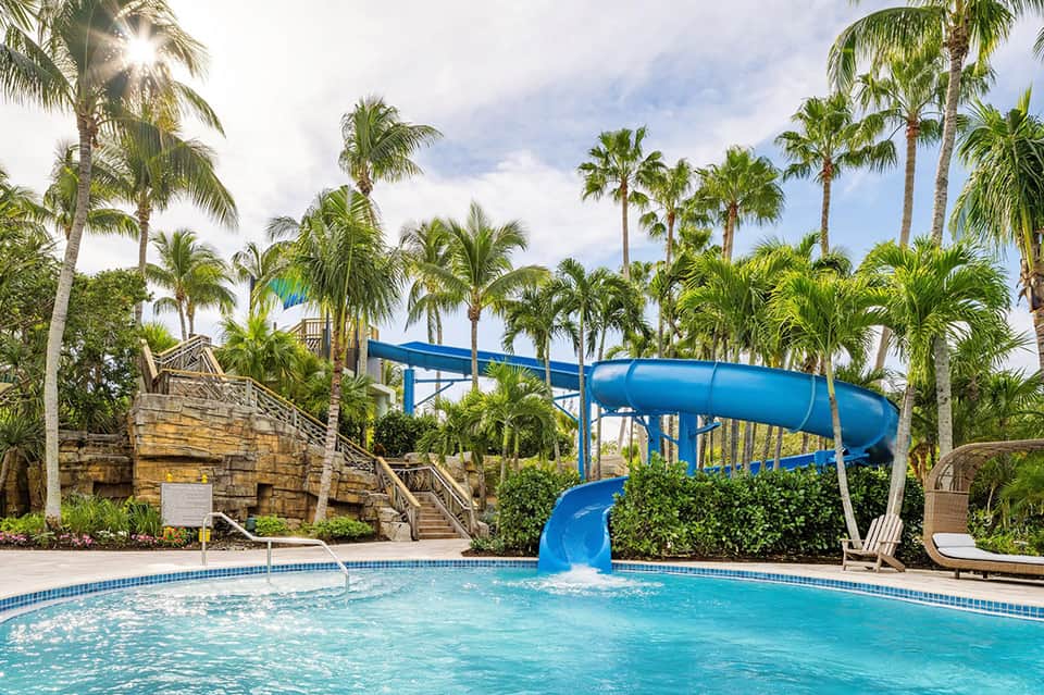 Resort water slide into crystal-blue pool surrounded by palm trees, lounge chairs, and stone features