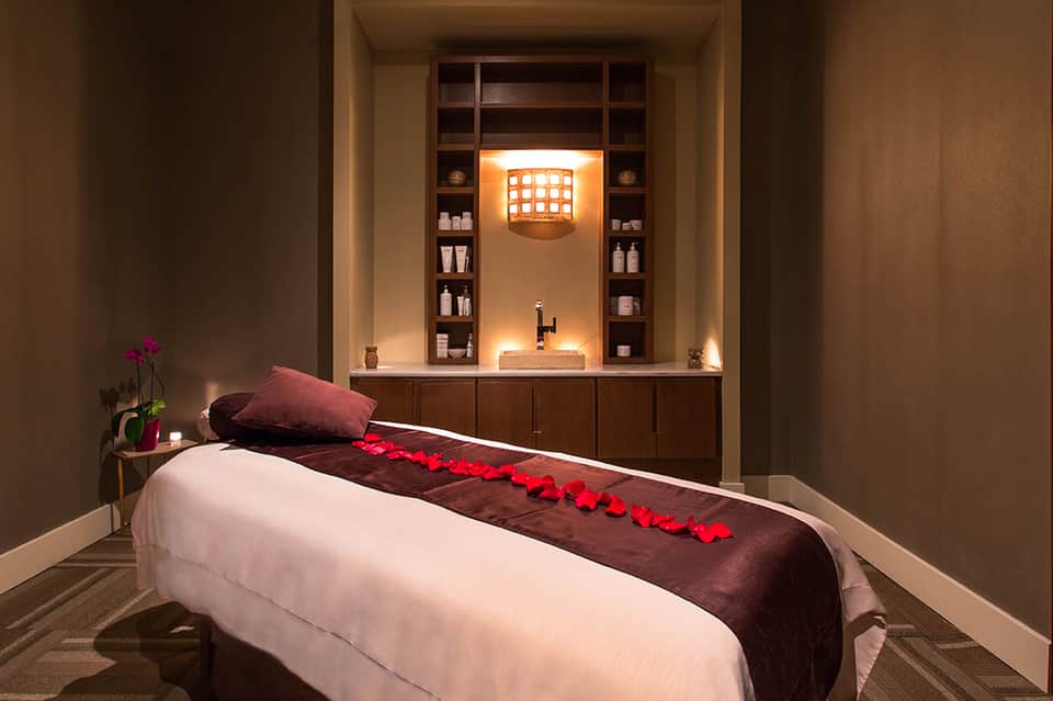 Spa treatment room with massage bed, red rose petals, ambient lighting, and product shelves