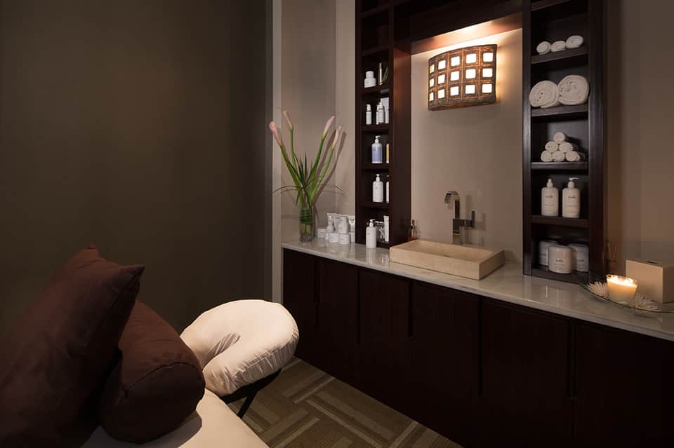 Spa bathroom vanity with dark cabinetry, white sink, shelved toiletries, and ambient lighting
