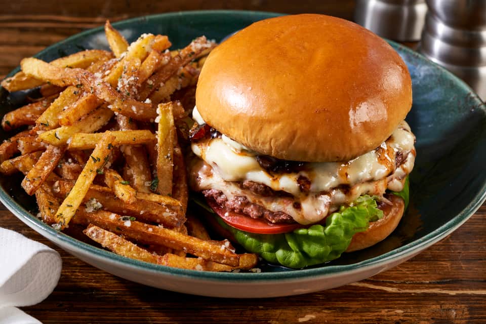 Gourmet burger with melted cheese and fries on a textured plate
