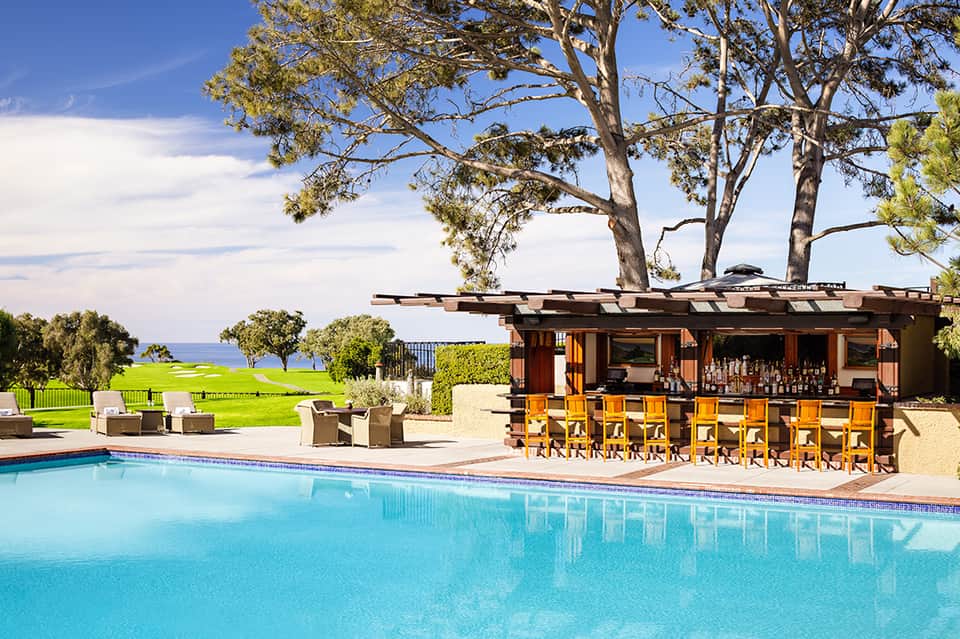 Oceanside resort pool with wooden bar, lounge area, and ocean view under trees