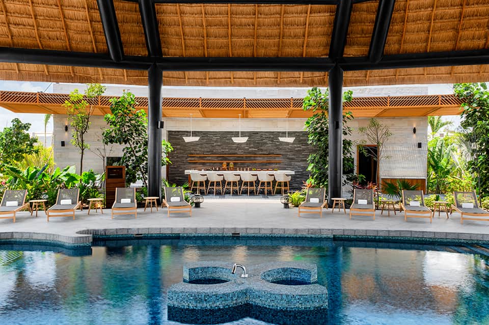 Modern resort pavilion with thatched ceiling, pool with spa jets, dining area and tropical landscaping