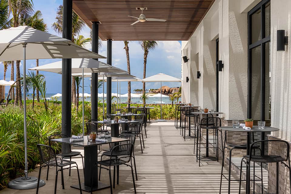 Beachfront restaurant terrace with dining tables, white umbrellas, palm trees, and ocean views